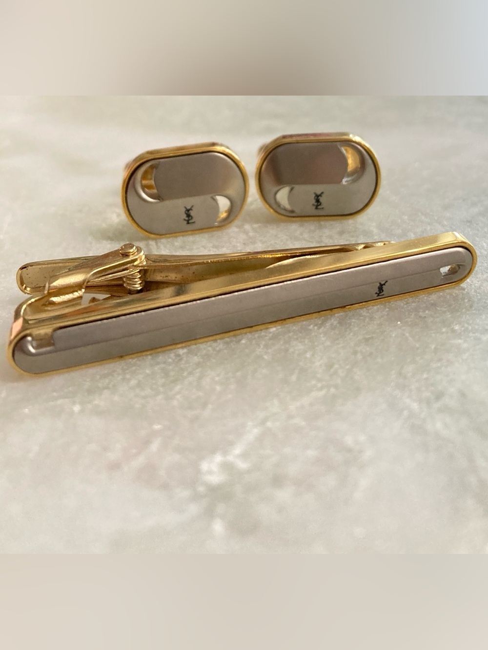 YSL Vintage Cuff Links & Tie Clip Set
